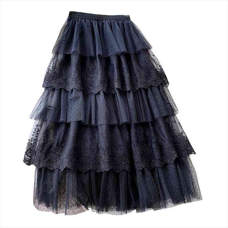 

gentle lace cake skirt sweet flower embroidered fairy skirt spring summer polka dot korean fluffy, Black