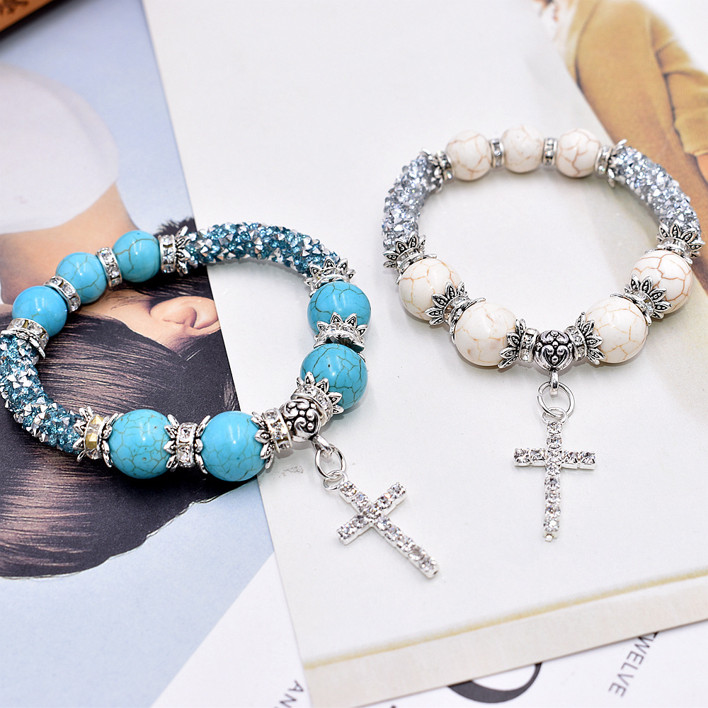 

New Bohemia Style Strands Alloy Diamond Cross Pendant Charm Bracelets Bangles For Woman Wristbands Bangle Turquoises beads Flower Bracelet