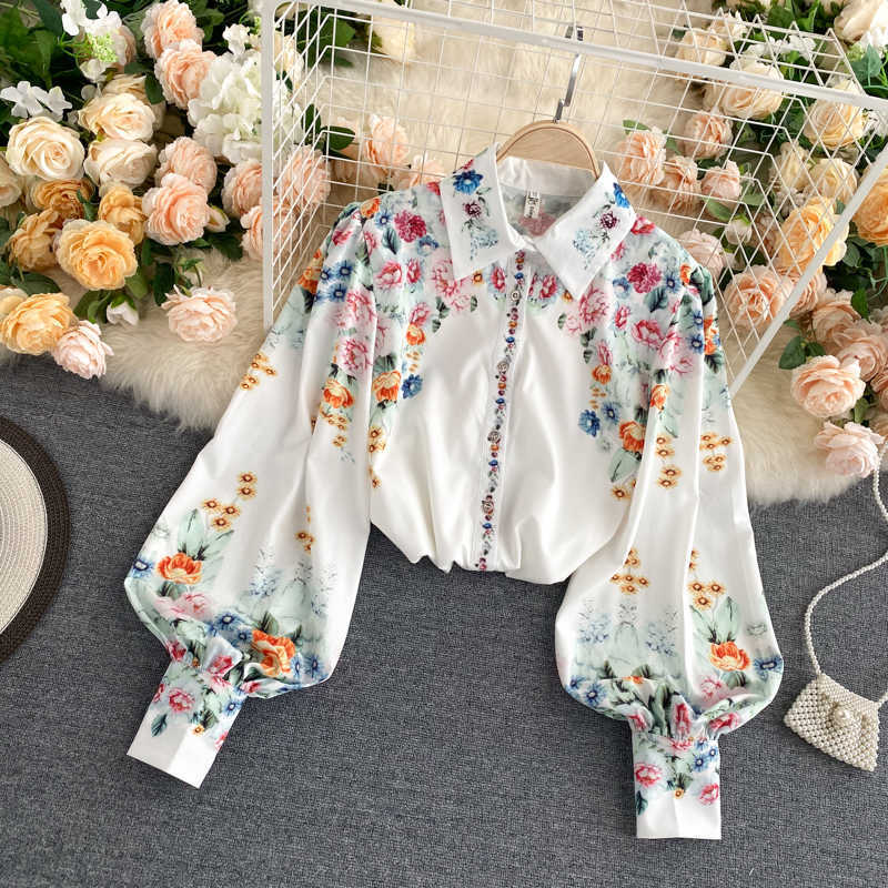 

Women Runway Flower Print Tops Vintage Printing Blouses Long Sleeve Shirt Work Casual Chiffon Blouse Summer Pocket Blusa 210601, White