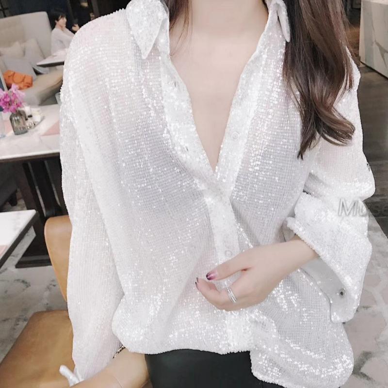 

Women' Blouses & Shirts Spring Summer 2021 Women Sexy Sequin Black White Blouse Designer Long Sleeve Loose Top Party Casual Blusas