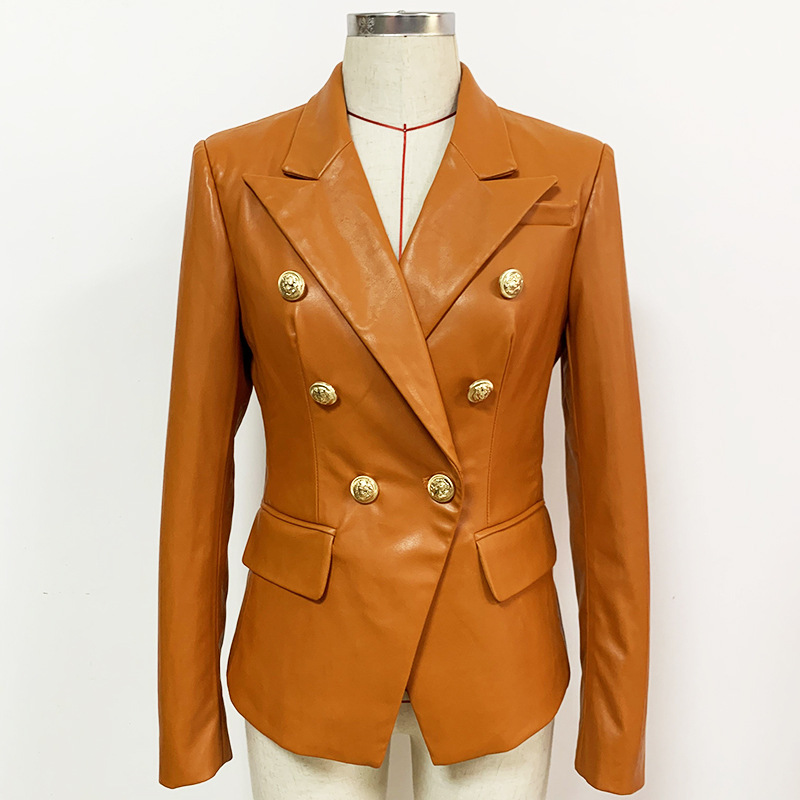 

New Style Top Quality Original Design Women' Double-Breasted Slim Classic Leather Blazer Jacket Metal Buckles Brown Motorcycle Jacket Coat