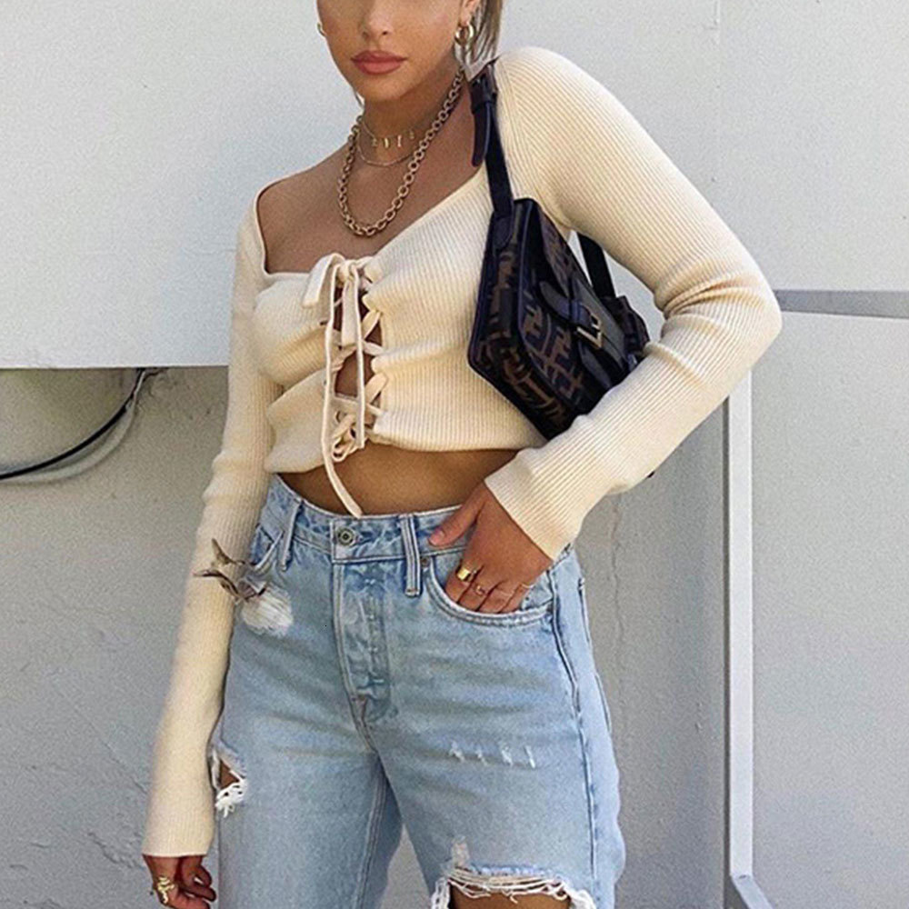 

2021 New Autumn Women Sexy Long Sleeve Lace Up Knitted Sweater Elegant Slim Cardigan Bandage Cropped Tops Outerwear Vtdg, As photo
