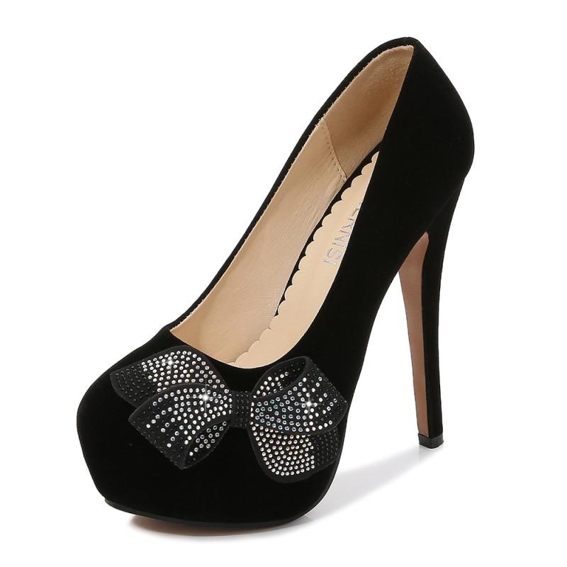 

New style red bridal shoes bowknot rhinestone fish mouth high heels stiletto shallow mouth single shoes waterproof platform high, Black
