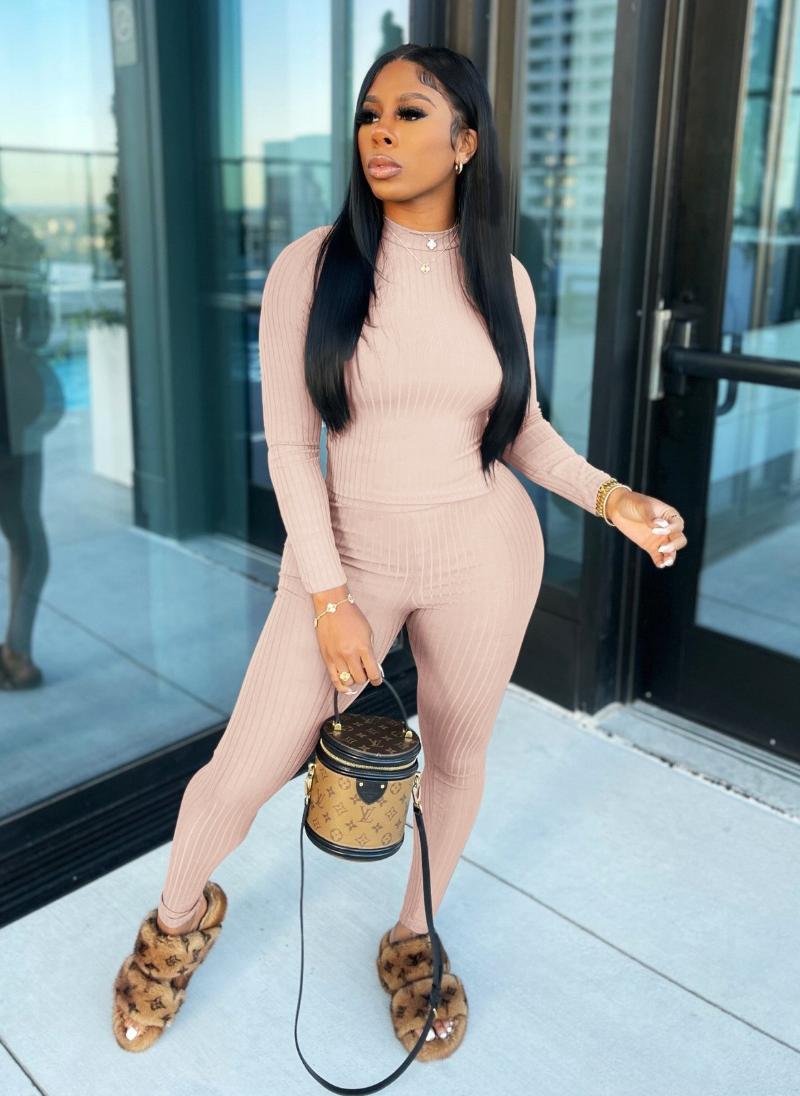 

Women' Two Piece Pants 2021 Autumn And Winter Season Release Conference Leisure Sports Pure Color Cotton Pit Stripe Two-Piece Set 71640, Khaki