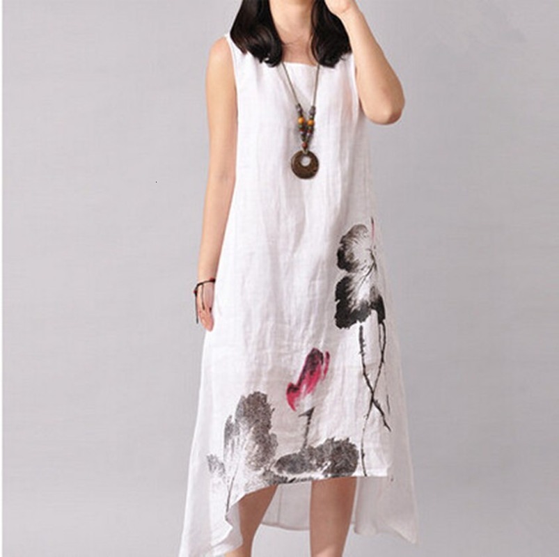 

2021 New Linen Women Summer Sleeveless Ink Painting Cotton Vestidos Lady Mid Calf Vestido Womens Plus Size Es Elegant 9ctd