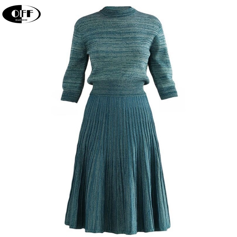 

Italy Style Spring Women Suit Half Sleeve Knit Top Pleated Skirt Two-Piece Set Lady Elegant elasticity knitting pullover Skirts 211109