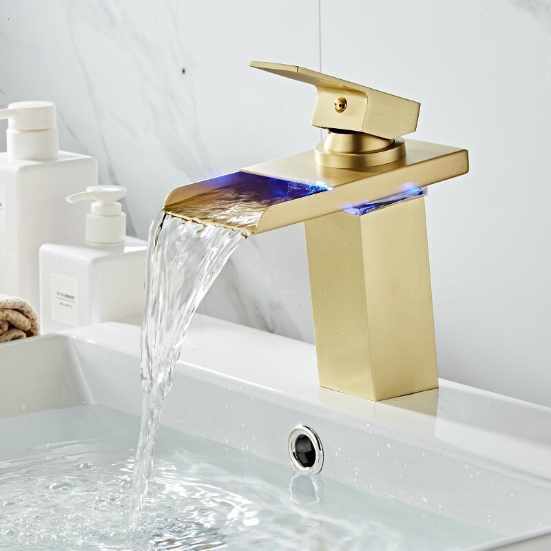 

2021 New Waterfall Led Faucet Brushed Gold Brass Faucet. Bathroom Deck Mounted Basin Sink Mixer Tap 65nr