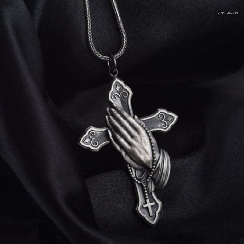 

Chains Trendy Rock Punk Jesus Cross Praying Hands Shape Pendant Necklaces Luxury Vintage GothicGold Silvery Necklace For Men Women