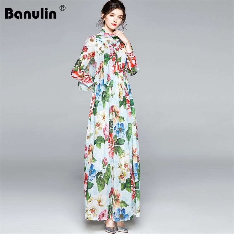 

Fashion Designer Holiday Summer Dress Women's Bow Belt Casual Rose Floral Print Female Chiffon Boho Long Maxi 210603, Green