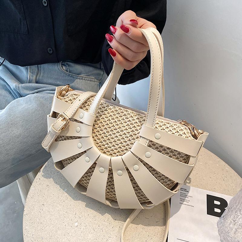 

Evening Bags Straw Rattan Semicircle Design Small Tote For Women 2021 Summer Lady Beach Shoulder Crossbody Bag Female Travel Handbags, Beige