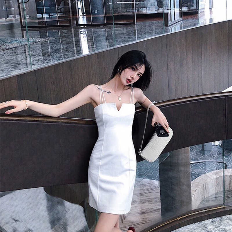 Luxury Evening Dress 2021 Korean Sexy V-neck Slim Small White Skirt Banquet Party Off Shoulder Suspender-image-735078128