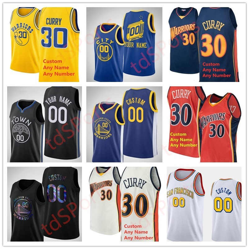 

2021 Men Women Kids Printed Stephen 30 Curry Klay 11 Thompson Andrew 22 Wiggins Draymond 23 Green Jersey New City Navy Blue White Yellow, As shown in illustration