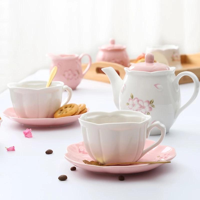 

Cups & Saucers Japanese Style Cherry Blossom Ceramic Embossed Mugs Coffee Cup Set Tea And Pot Afternoon Saucer