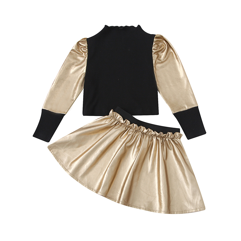 

Spring Kids Baby Girl Top A-Line Skirt Knitting Long Sleeve Ruffle Neck Shirts Patchwork 2pcs Suit Clothes Autumn Set, Default color