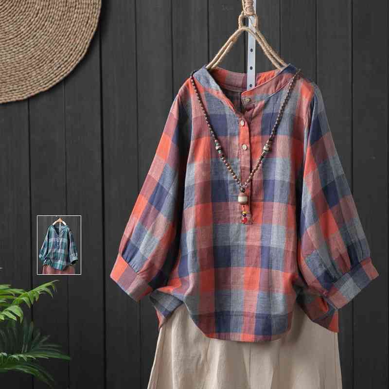 

Korean Style Plus Size Plaid Shirts Women Summer Cotton Linen Top High Quality Womens Tops and Blouses Female Tunic Blusas 210603, Green