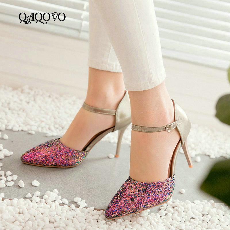 

2021 New Spring Autumn High Heel Pumps Fashion Pointed Toe Sequined Thin Heel Shoes Women Buckle Party Shoes Silver Gold