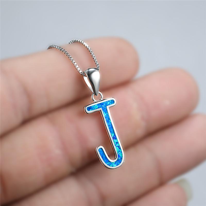 

Pendant Necklaces Dainty Blue White Opal Wedding Necklace Luxury Female Letter J Rose Gold Silver Color Chain For Women