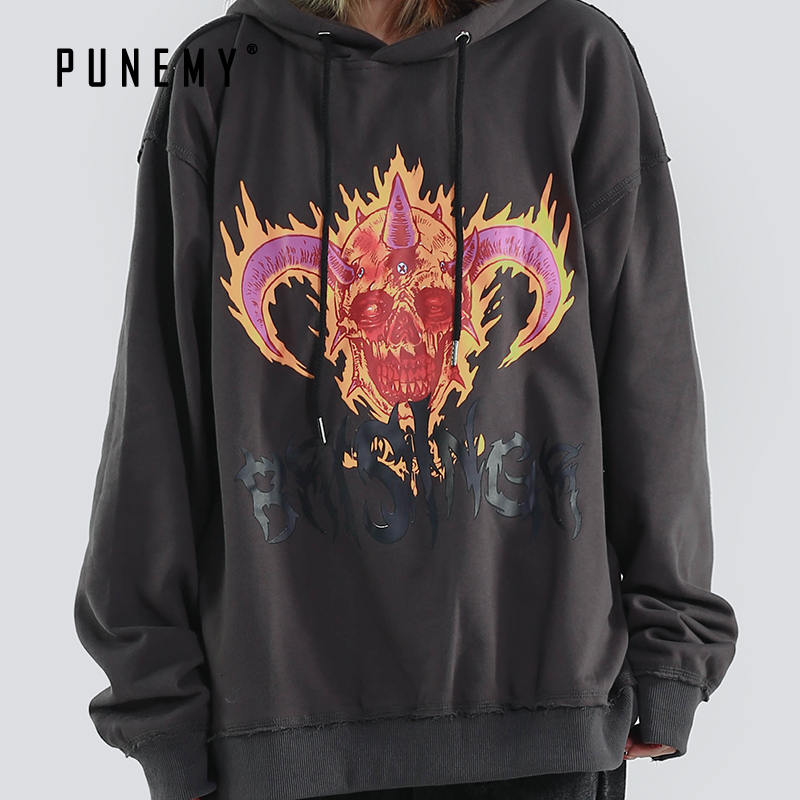 

2021 Men Punk Rock Style Pattern Print Hooded 100% Cotton Spring New Harajuku Hip Hop Streetwear Women Casual Hoodies Tsk4, Black
