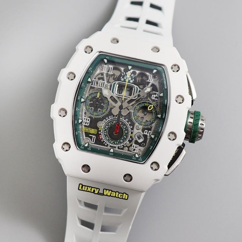 

Brand Automatic White Ceramics Case Skeleton Dial Mens Watch Rubber Sport Designer Flyback TPT Watches, Green
