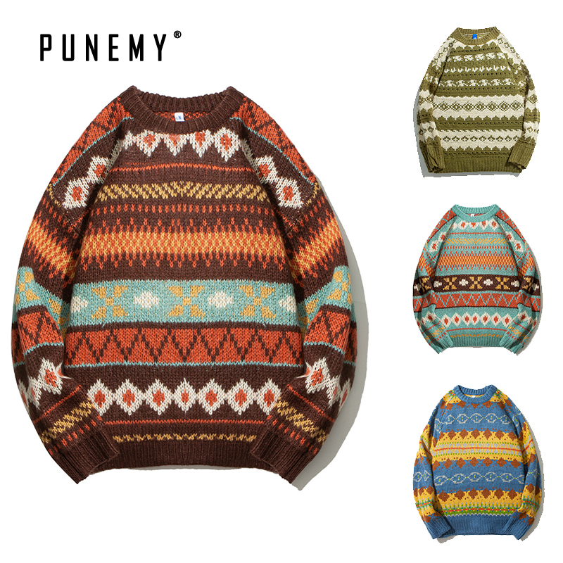 

2021 Men Sweater Retro Ethnic Style Hip Hop Streetwear O-neck Oversize Autumn New Harajuku Pullover Casual Couple Mens Sweaters 052u, Green