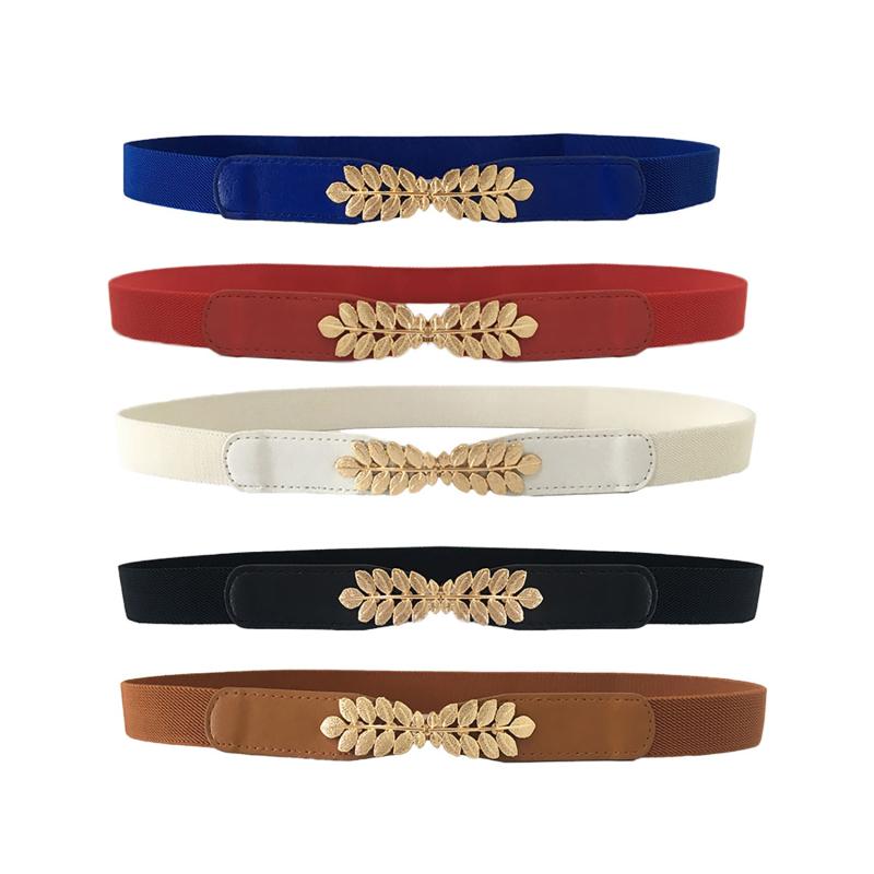 

Belts Fashion Leaves Buckle Women Elastic Waist Belt Ladies Dress Slim Shiny Skinny Leather White Black Blue Female Accessories, Black;brown