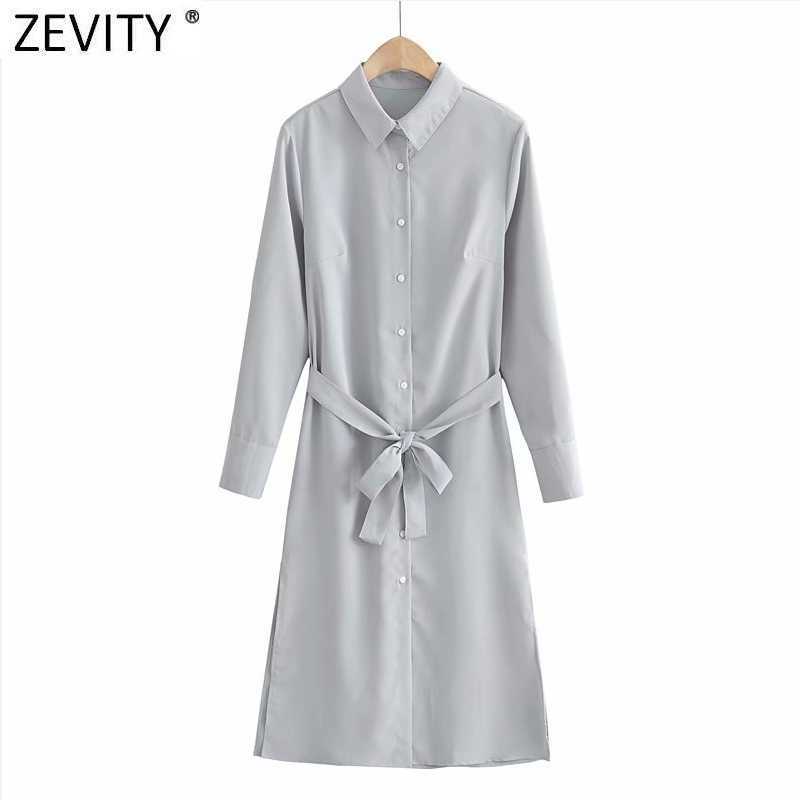 

Zevity Women Elegant Turn Down Collar Solid Color Side Split Business Mini Dress Chic Female Breasted Sashes Vestido DS5013 210603, As pic ds5013tc