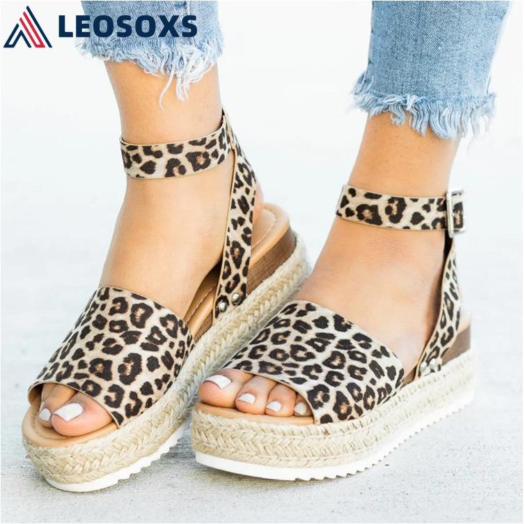 

LEOSOXS Fashion Leopard Peep Toe Wedge Sandals Women Shoes Waterproof Thick Bottom Buckle Non-slip High Heel Ladies Shoes L28, Black