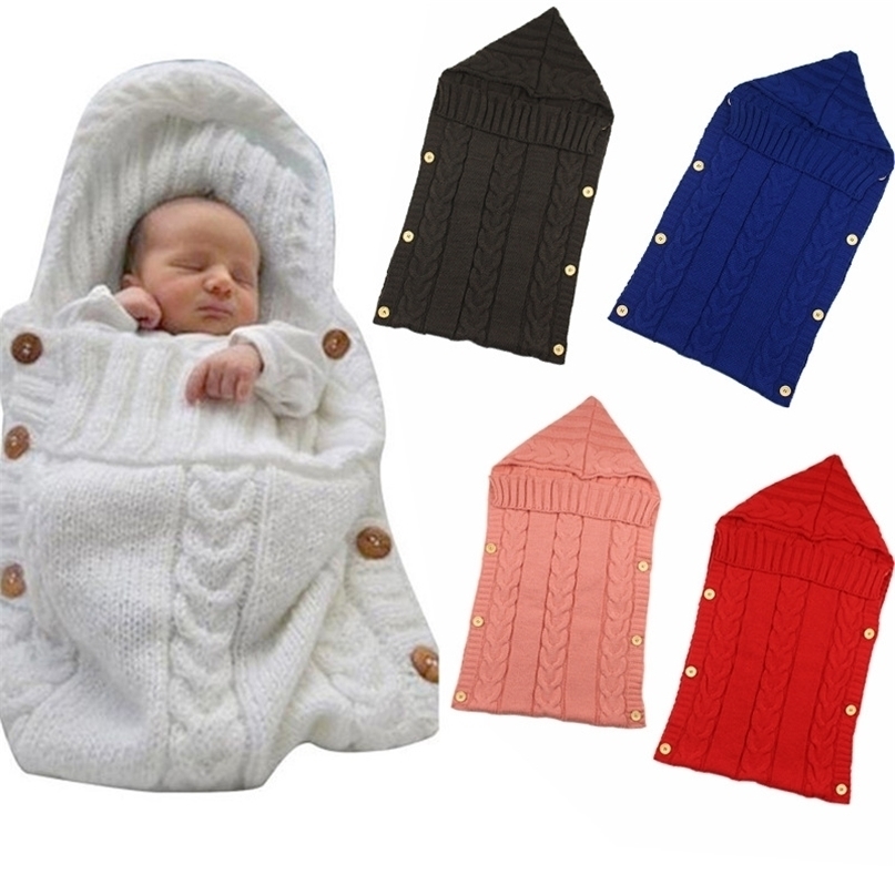 

born Infant Knitted Crochet Hooded Sleeping Bags Toddler Baby Boys Girls Button Blanket Knit Warm Swaddle Wrap Bag 211101