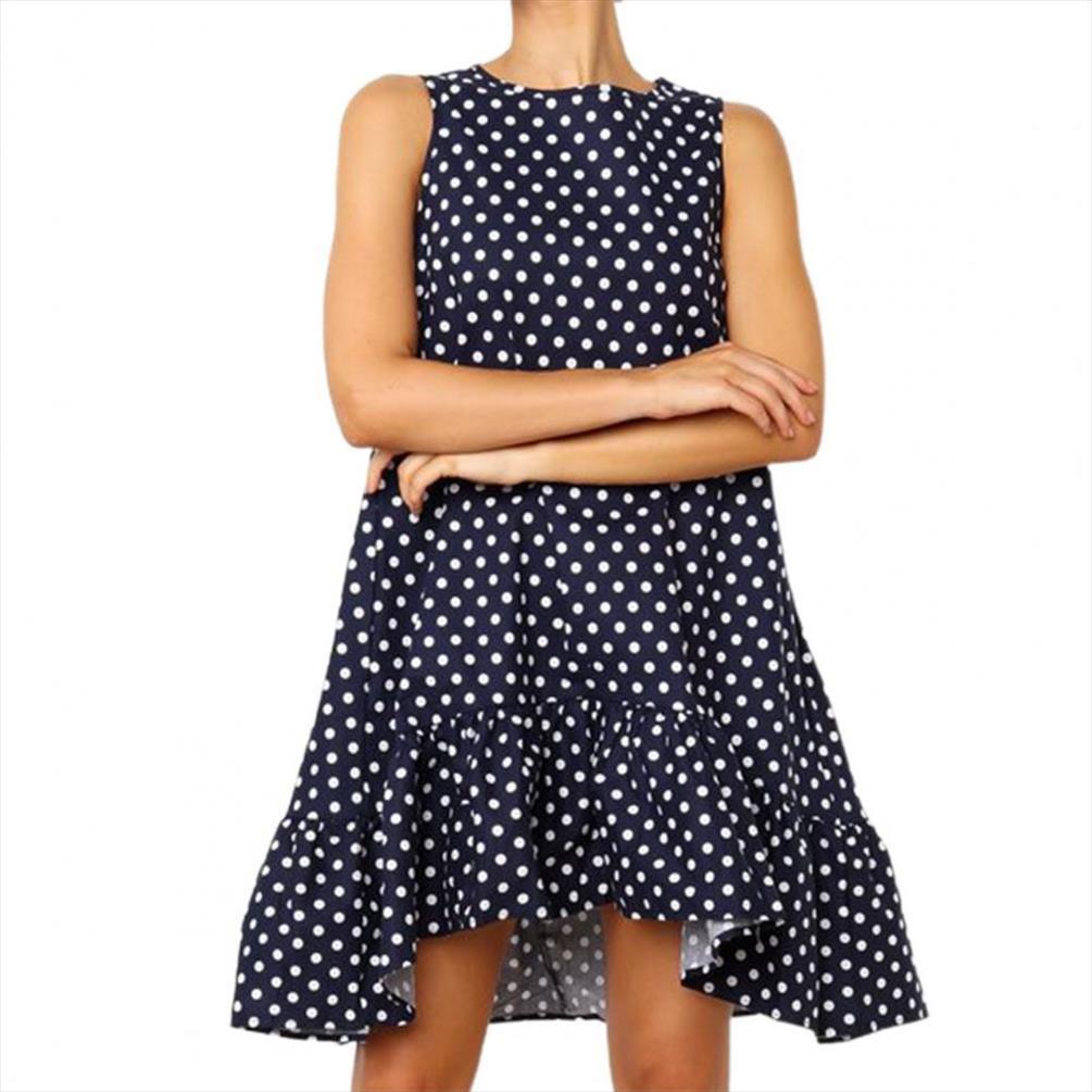 

summer elegant dot print irregular women dress ruffle hem o neck mini dresses loose waist sleeveless casual sundress streetwear, Black;gray