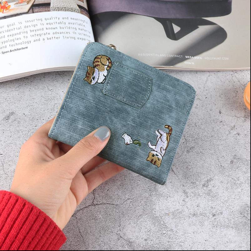 

embroidery cat women short wallet zipper coin purse womens kawaii mini cards holder clutch for girl carteras, Red;black