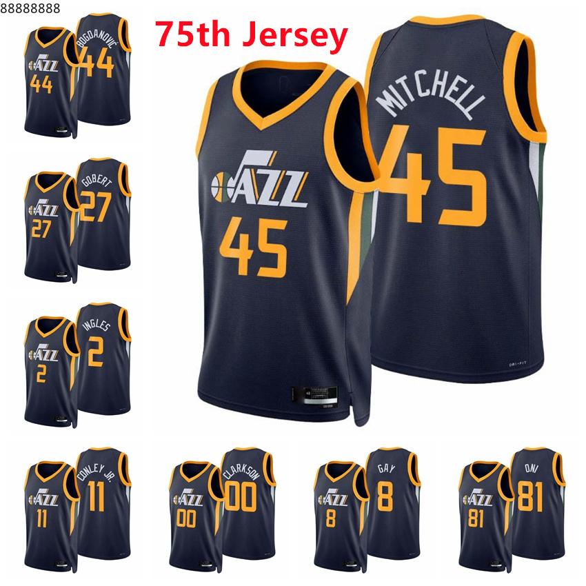

Men Donovan Mitchell 45 Bojan Bogdanovic Joe Ingles Rudy Gobert Mike Conley Jr. Clarkson Oni Gay 2021/22 75th Diamond Navy Swingman Basketball Jersey