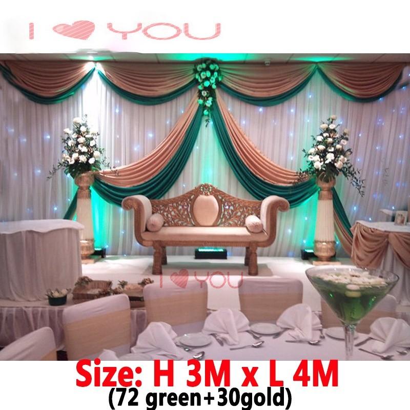 

Party Decoration 3x4M Ice Silk Wedding Backdrop Drape With Swags Gold And Green Backdrops Curtain For Event
