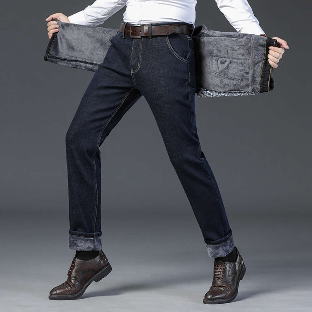 

winter Plush jeans straight tube business casual versatile Men's pants 1820, Blue