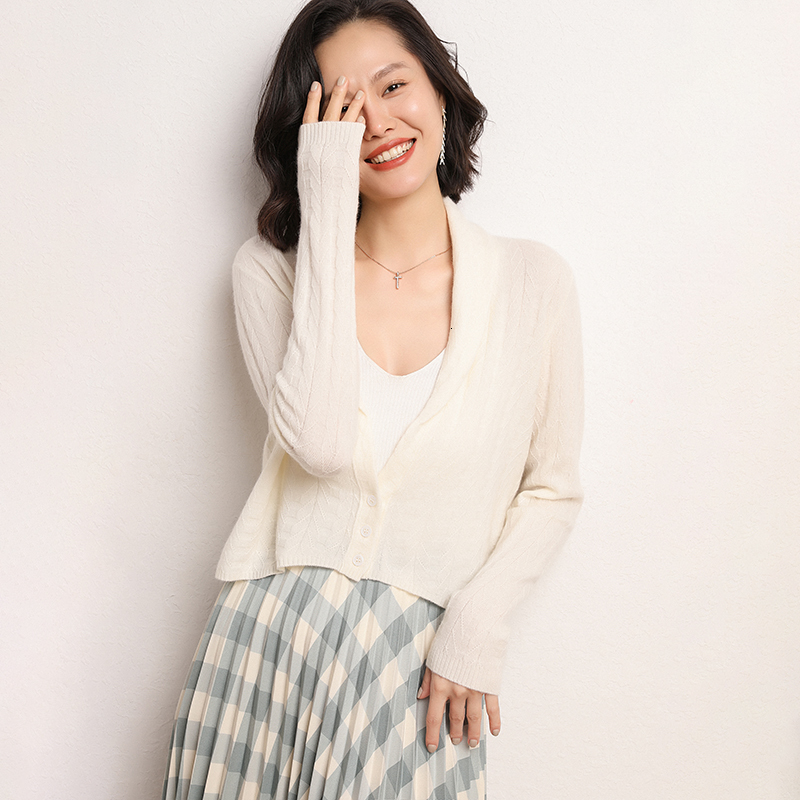 

2021 New 100% Cashmere Knitting Female Cardigan V-neck Sexy Long Sleeves Sweater Suit Women Autumn Winter Kmc9, Pink