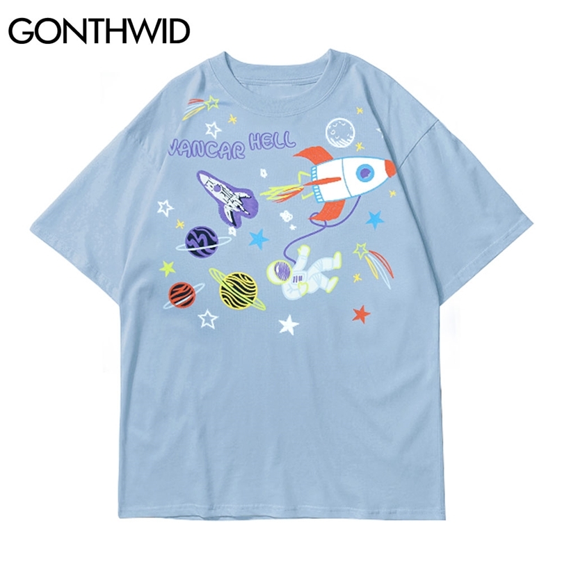 

T-Shirts Streetwear Harajuku Planet Cartoon Astronaut Tees Shirts Casual Summer Cotton Loose Fashion Men Tshirts Tops 210602, Black