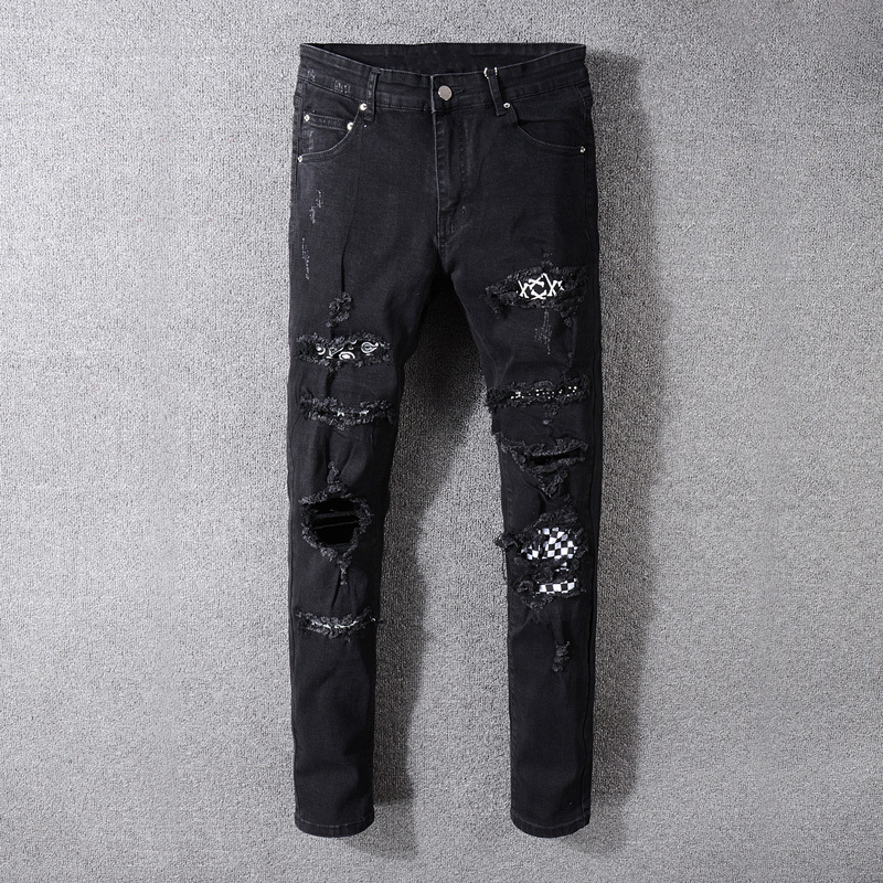 

2021 New American Streetwear Fashion Black Color Destroyed Ripped Patches Designer Pants Hip Hop Ny Jeans Men Ix8p