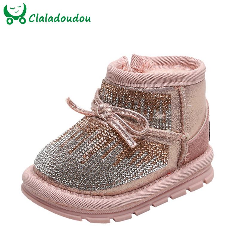 

Boots 12-15.5cm Bling Full Rhinestone Infant Snow Twinkle Winter Shoes Baby Toddler Girl Warm Thicker Plush Princess Dress, Black;grey