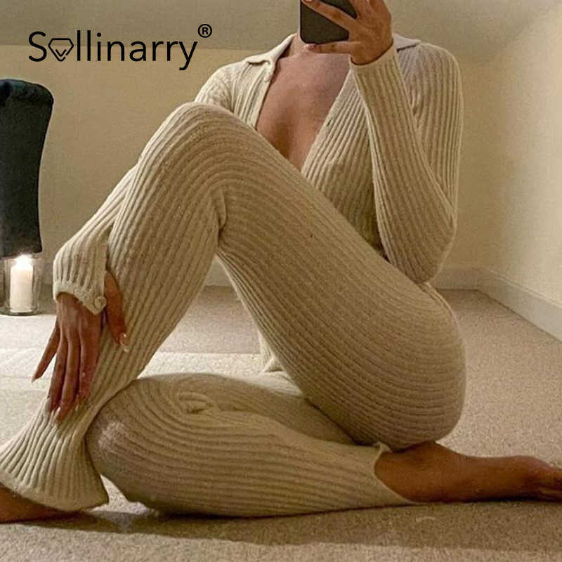 

Sollinary Sexy skinny knitted jumpsuit women High street lady two piece sets Long sleeve single breasted crop top and pants 210709, Beige