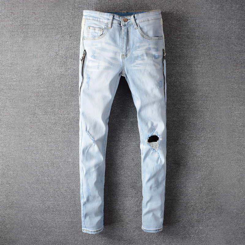 

2021 New American Streetwear Fashion Light Blue High Quality Slim Fit Elastic Ripped Men Punk Pants Hip Hop Jeans Homme Eolu