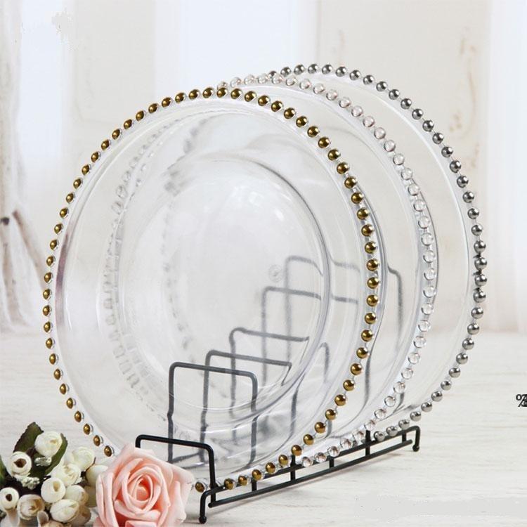 

13inch round wedding clear silver/gold glass beaded charger pates glass plate for wedding table decoration sea shipping HWB10106, Multi