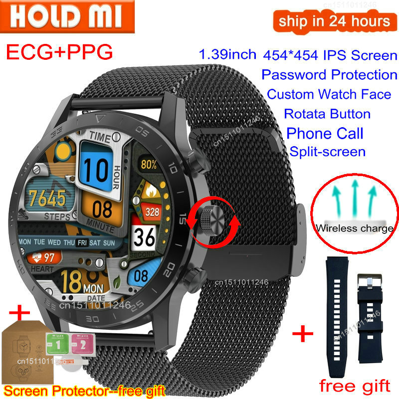 

454*454 HD Screen KK70 Smart Watch Men Phone Call Wireless Charger Rotary Button IP68 Waterproof Music Play ECG Smartwatchg, Black leather