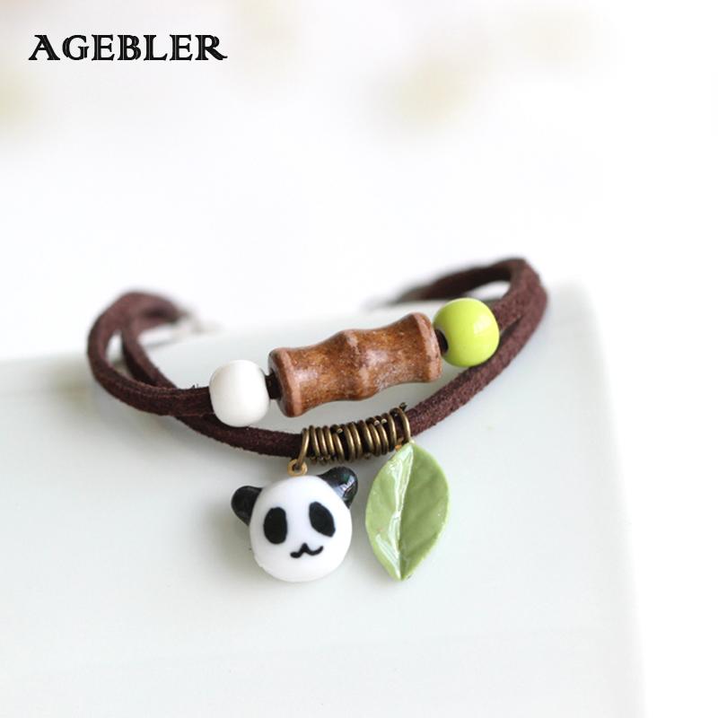 

Charm Bracelets Arrival Unique Handmade Ceramic Bracelets& Bangles Panda And Leaf Design Fashion Leather Jewelry For Women Adjustable