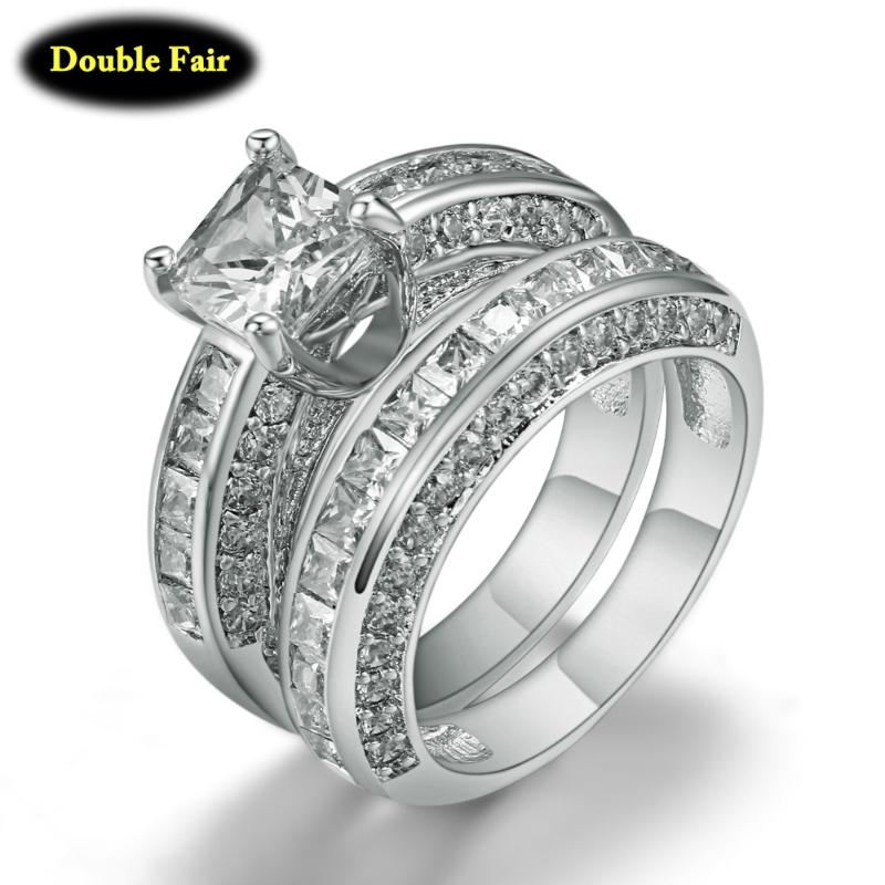 

Cluster Rings + Square Cut Cubic Zirconia Bridal Sets Silver Color Fashion Wedding/Engagement Jewelry For Women/Girls Gift DWR690, Golden;silver