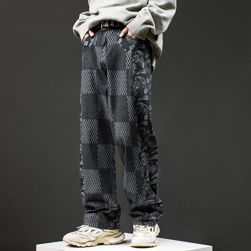 

2021 New Harajuku Color Block Cashew Print Checkered Jeans Pants for Men High Street Straight Washed Plaid Casual Denim Trousers K10z, Black