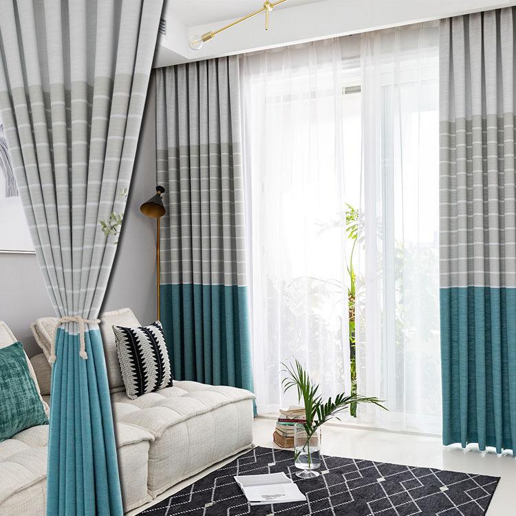 

New modern minimalist shading cloth cotton and linen woven horizontal stripes curtain Mediterranean high shading curtain fabric