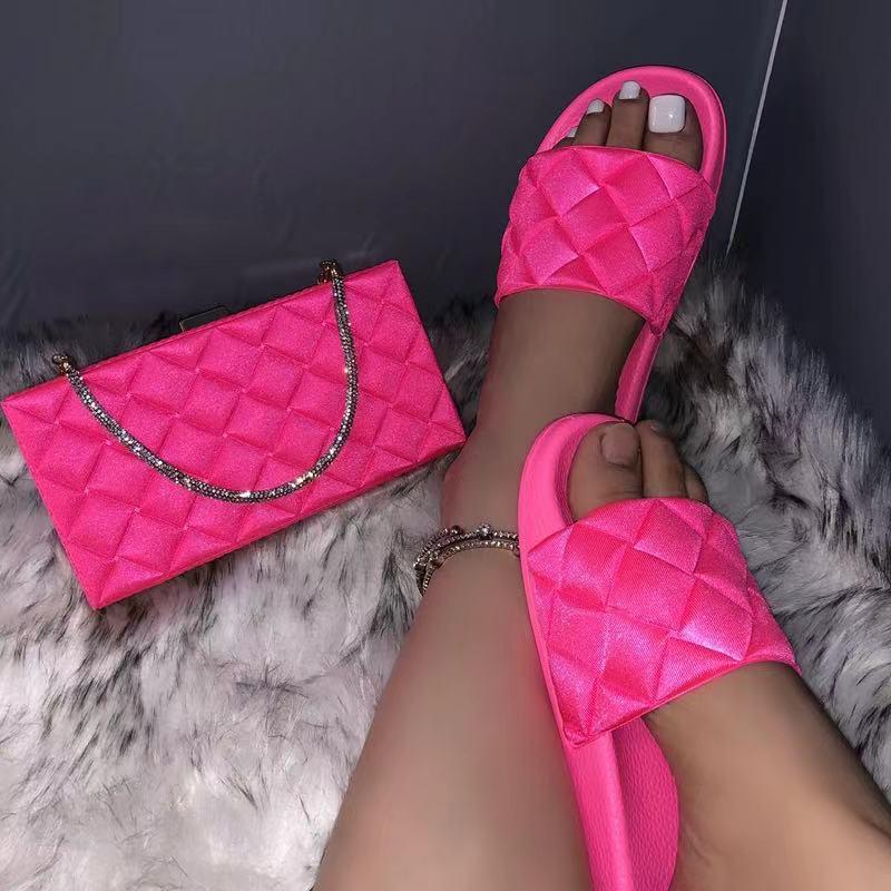 

Slippers Solid Color Diamond Slides And Bags Luxury Woman Shoes Purse Sets Flip Flops Flat With Handbags Matching Women's Sandals2021