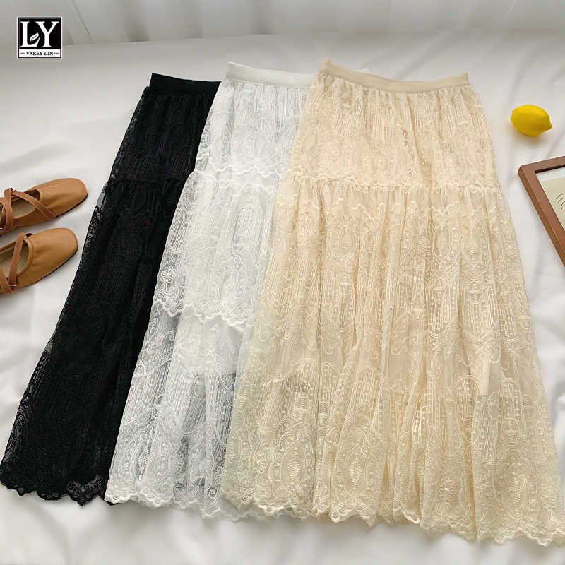 

LY VAREY LIN Spring Summer Casual Female Apricot A-line Gauze Skirts Women Sweet Lace Hollow Out High Waist Long 210526, Black