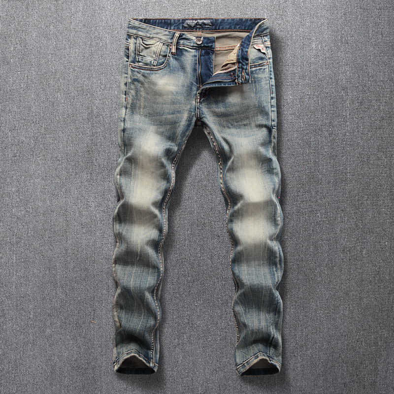 

2021 New Italian Style Fashion Retro Elastic Classical Slim Men Simple Denim Pants High Quality Vintage Designer Jeans T4o9, Retro color