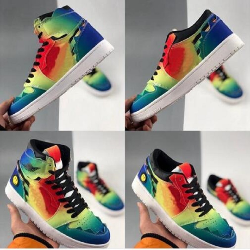 

2021 J Balvin 1s High Og Womens Mens Basketball Shoes Jumpman 1 Tie Dye Jbalvin Multi-Color Rainbow Trainers Sports Sneakers Des Chaussures, Color 1