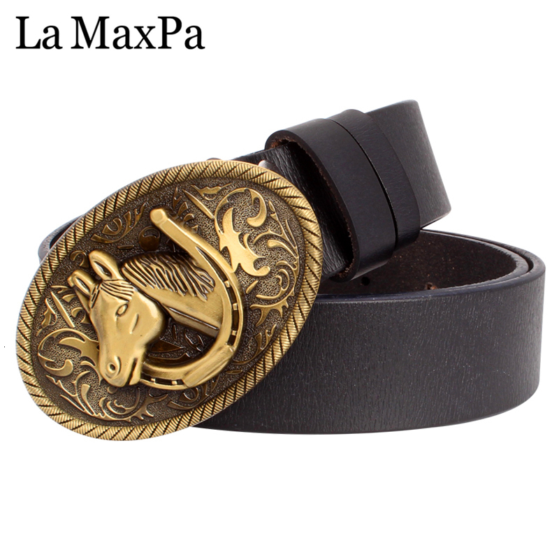 

2021 New Moda Masculina Fivela De Ouro Cavalo Cabea Padro Ferradura Pele Vaca Couro Cinto Cowboy Acessrios Sl0c, Black